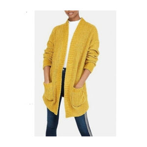 Express Open-Front Chenille Cardigan Sweater Mustard Yellow Chunky Knit Pockets